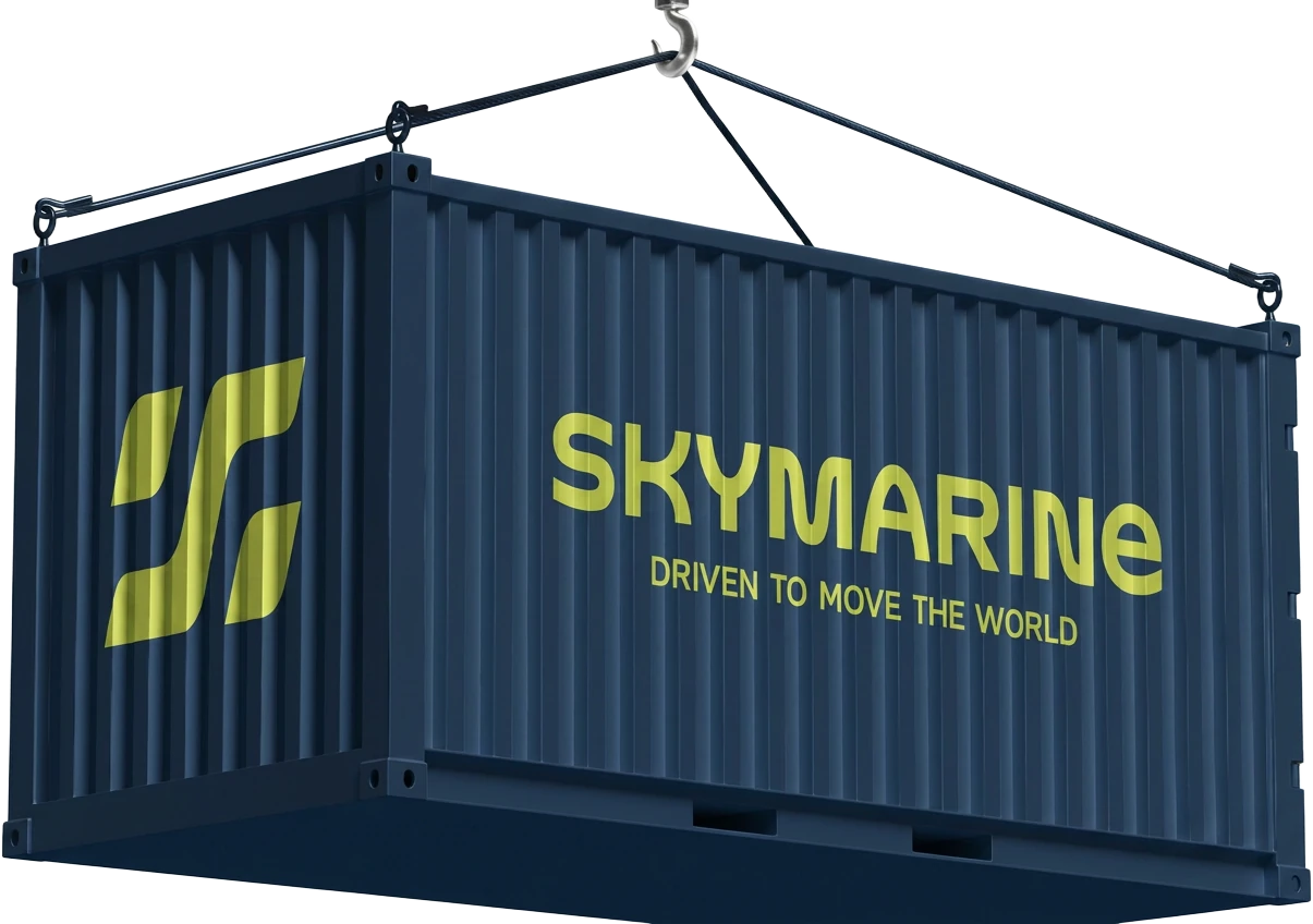 Contêiner marítimo Skymarine suspenso por cabos de guindaste