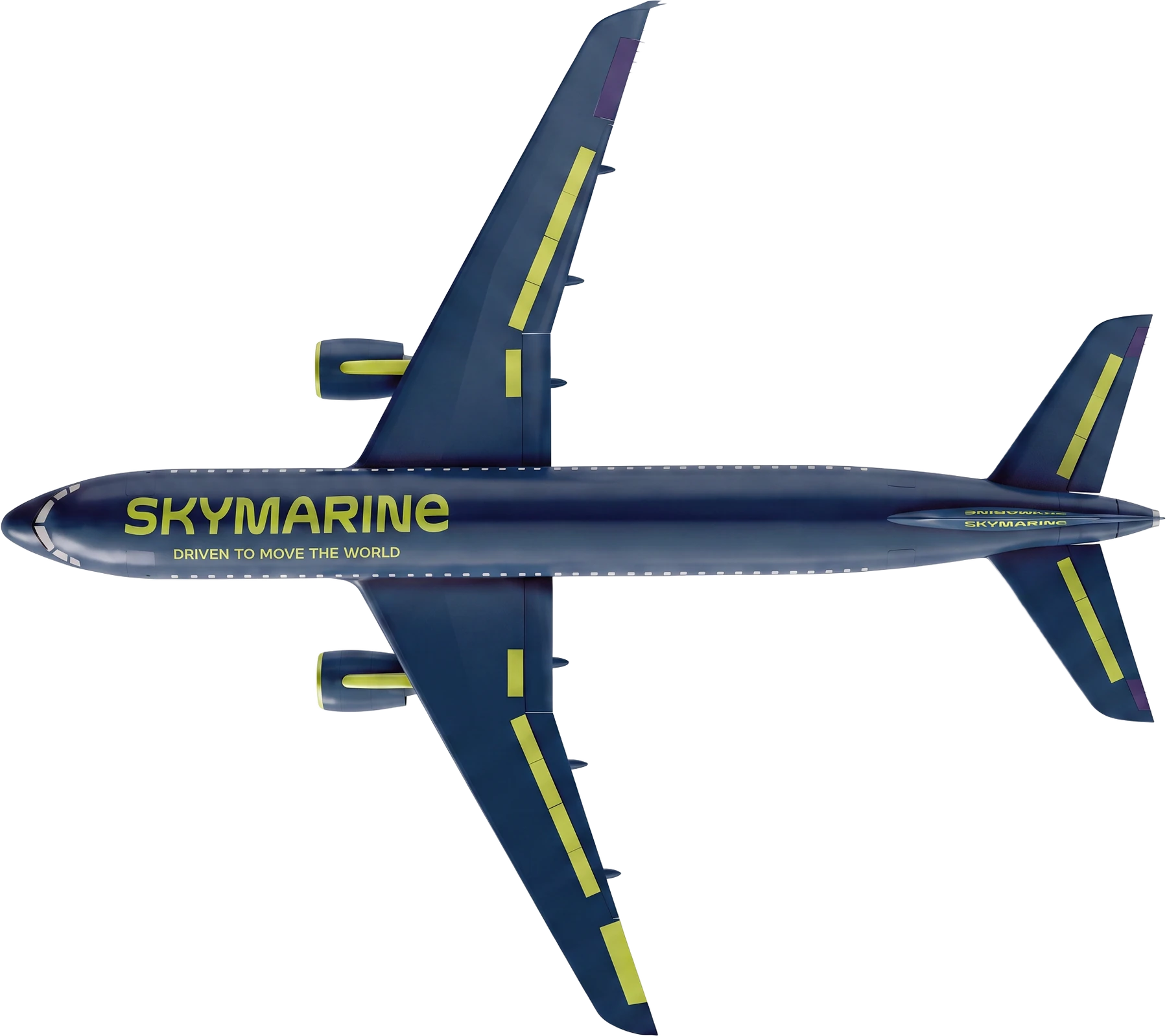 Aeronave cargueira Skymarine vista de cima, com livery azul-marinho e verde-limão